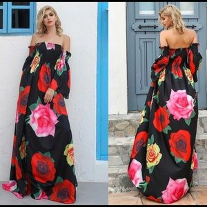 off shoulder shirred bodice floral maxi